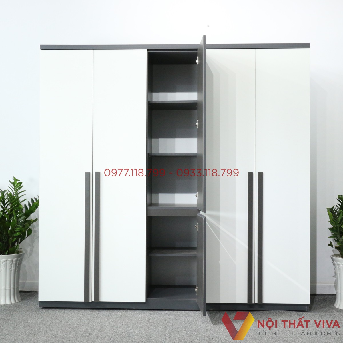 Tủ Quần Áo 5 Cánh Gỗ MDF Màu Xanh Đen Cửa Trắng Hiện Đại