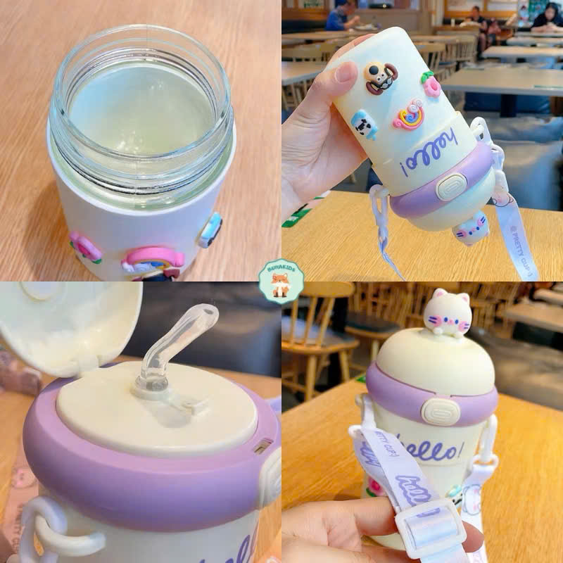 Cốc Giữ Nhiệt Trẻ Em 510ml Có Ống Hút, Cốc Đeo Chéo Hoạt Hình Dễ Thương Cho Bé Gái, Bình Nước Uống Tiện Lợi - HÀNG CHÍNH HÃNG MINIIN
