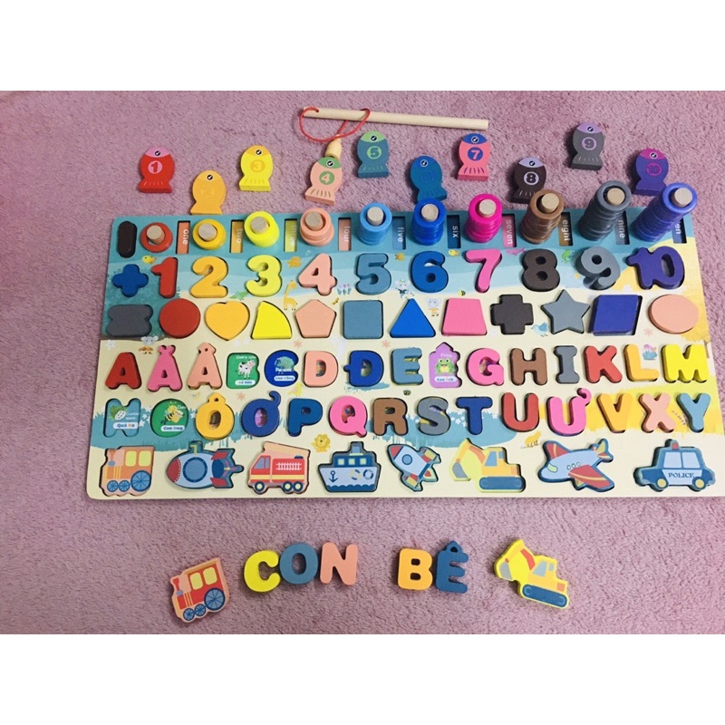 Bảng chữ cái tiếng việt tiếng anh câu cá ghép số bằng gỗ lắp ráp xếp hình giúp cho bé phát triển trí tuệ