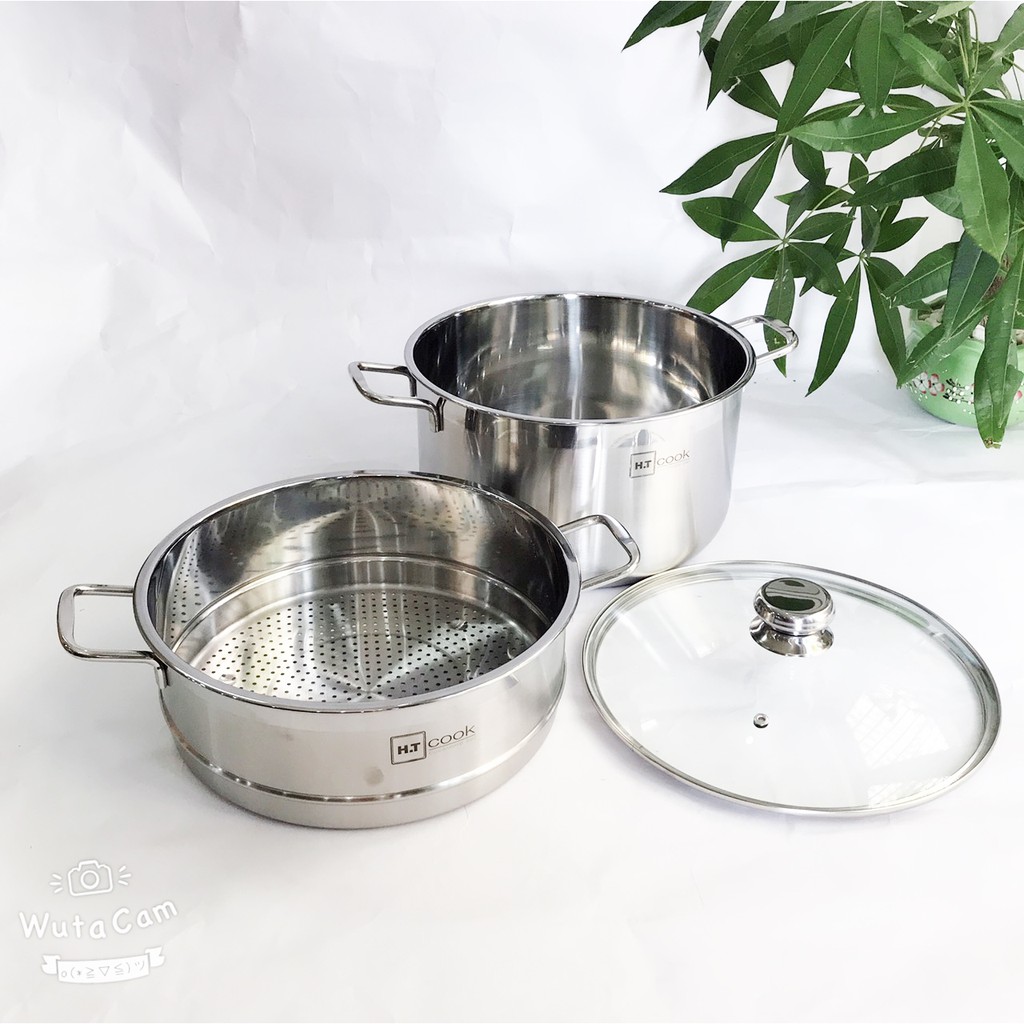 Bộ nồi xửng hấp 1 đáy từ inox 430 H.T cook nắp kính 28cm , tặng 2 vá canh