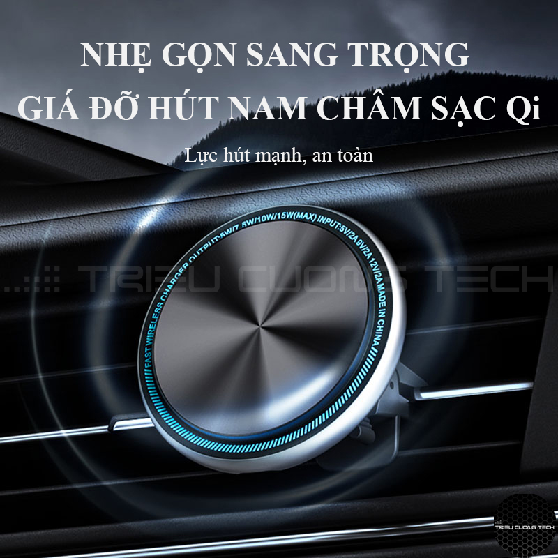 Giá Đỡ Điện Thoại Ô Tô Xe Hơi Kiêm Sạc Không Dây Qi Thông Minh - Lực Hút Nam Châm - Xoay Chuyển Ngang Dọc Linh Hoạt - Kẹp Cửa Thông Gió Hoặc Đế Hít Tặng Kèm. Hàng Chính Hãng 