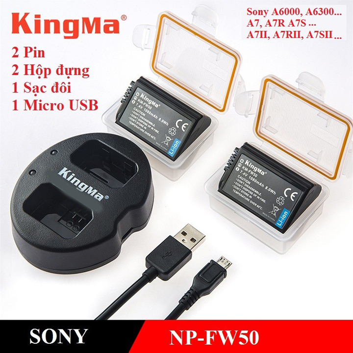 Bộ 2 pin sạc và Đốc sạc đôi KingMa NP-FW50 cho Sony A6000 A6300 A6500 - Hàng Chính Hãng