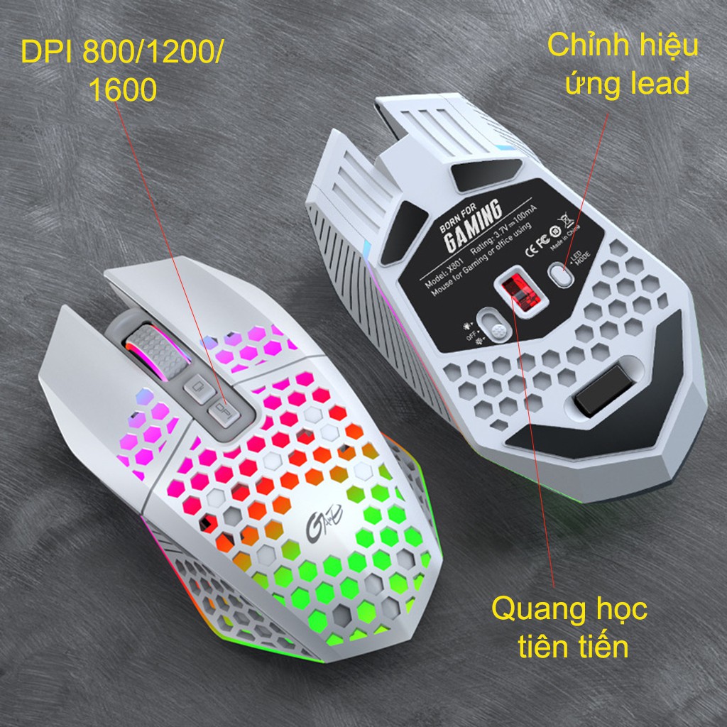 Chuột không dây chơi game HXSJ X801 thiết kế độc lạ Led RGB đổi màu click chống ồn DPI 1600 - Hàng chính hãng