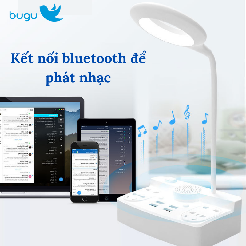 Đèn Học LED Để Bàn Tích Hợp Loa Bluetooth Và Ổ Cắm Điện Đa Năng Có 4 Cổng USB 3.5A Bugu HHT101 Có Giá Đỡ Điện Thoại Tiện Dụng