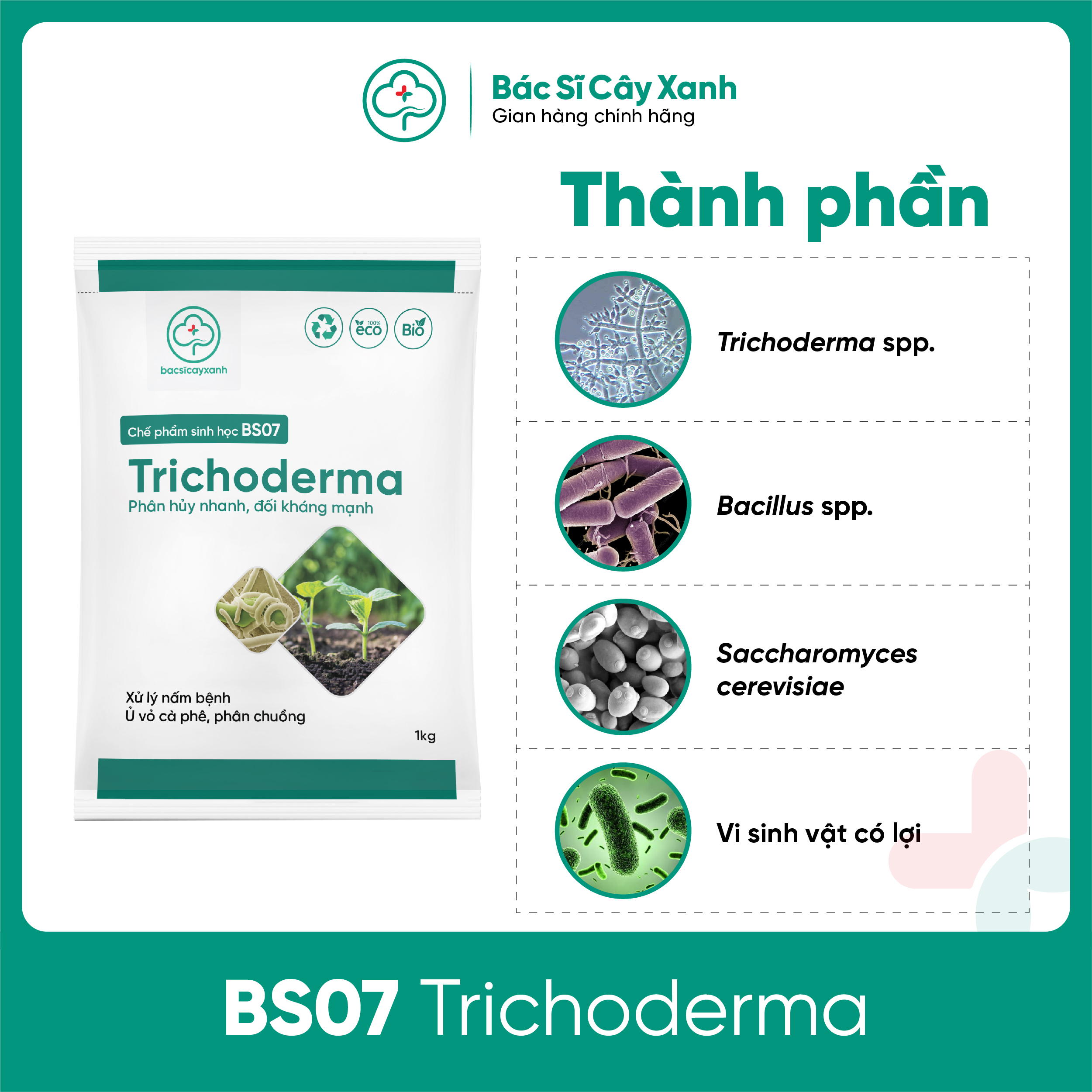 Trichoderma Chế phẩm ủ phân, phân huỷ vỏ cà phê, diệt nấm đối kháng, mầm bệnh trong đất BS07 1kg NSX Bacsicayxanh