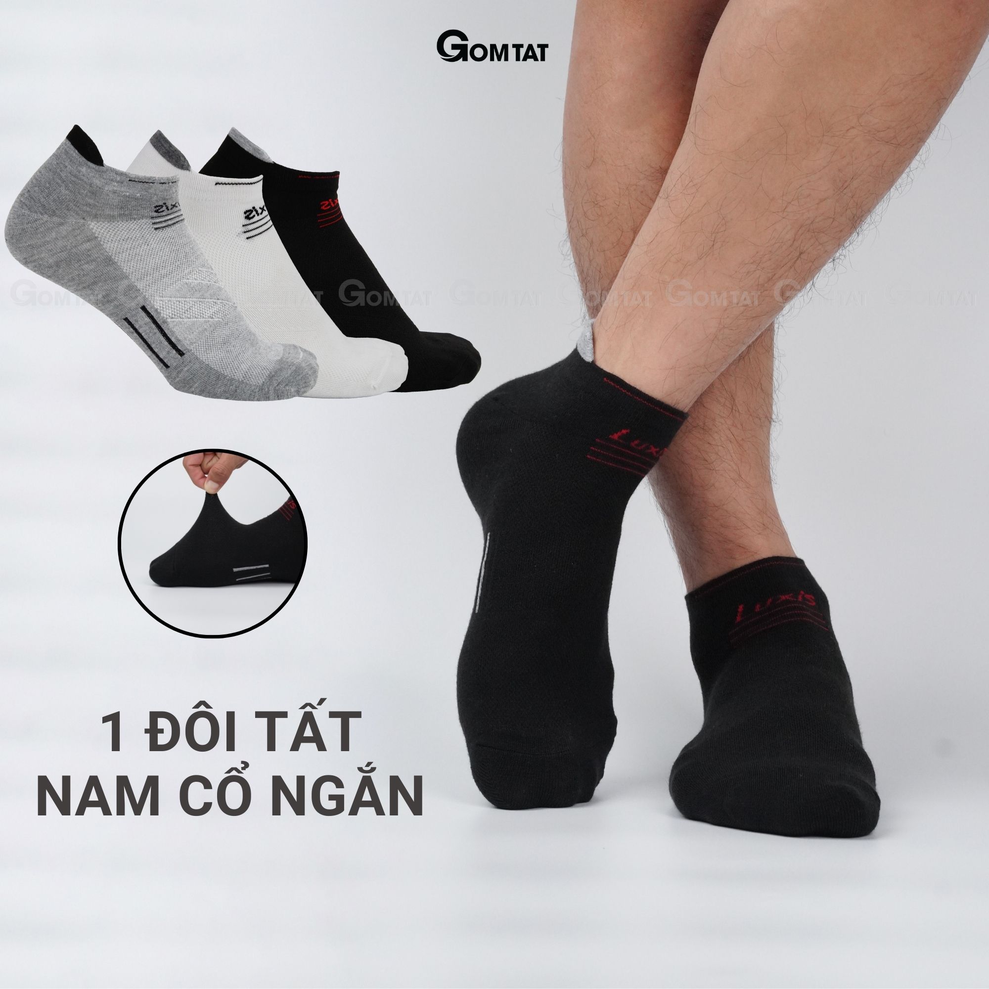 Tất nam cổ ngắn GOMTAT chuyên dùng cho thể thao, chất liệu cotton cao cấp, có đệm bảo vệ gót chân - LUXIS-S16-1DOI