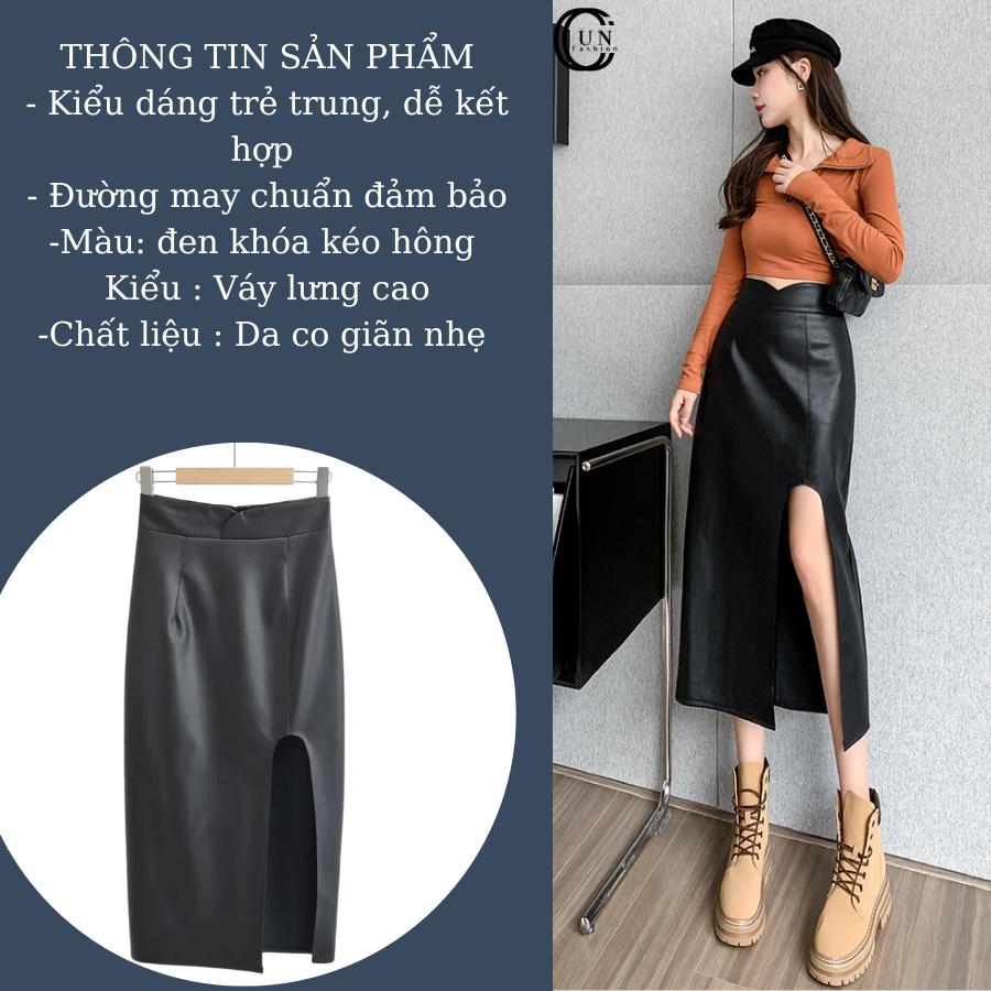 Chân váy dáng dài xẻ tà chất da cho nữ đẹp phong cách sang xịn mịn VD07