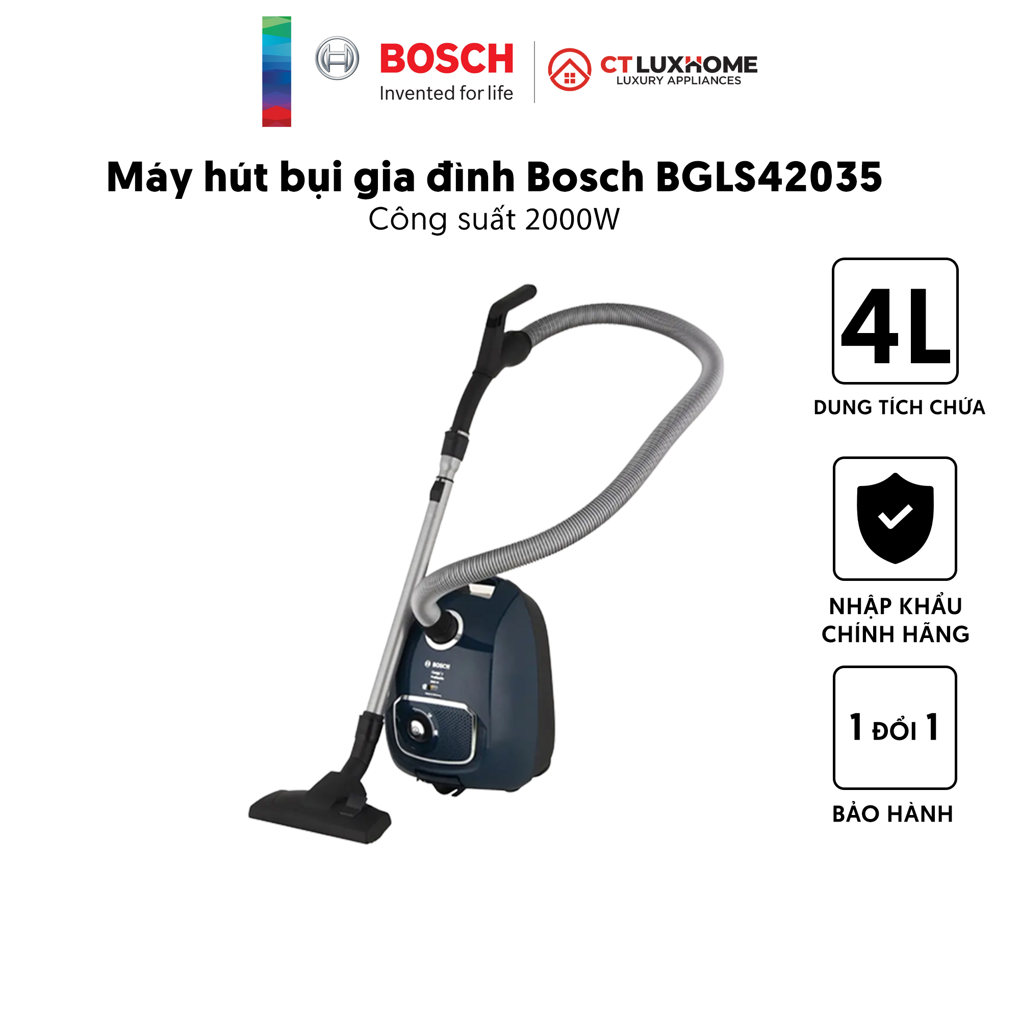 Máy Hút Bụi Có Dây Bosch BGLS42035, 2000W, 10A, 10m, túi chứa bụi 4 lít [Hàng chính hãng]