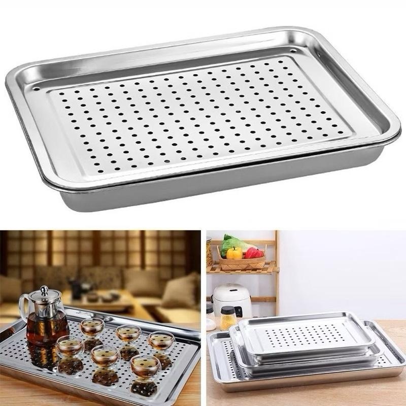 [AnhOtShop] Bộ Khay Inox Úp Cốc Chén Chữ Nhật Có Lỗ Thoát Nước – Tiện Dụng Pha Trà, Đựng Đồ Đa Năng (Loại 2 Lớp)