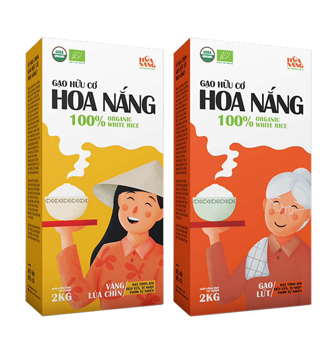 Combo 2 hộp Gạo hữu cơ Hoa Nắng: Vàng lúa chín 2kg & Gạo lứt 2kg