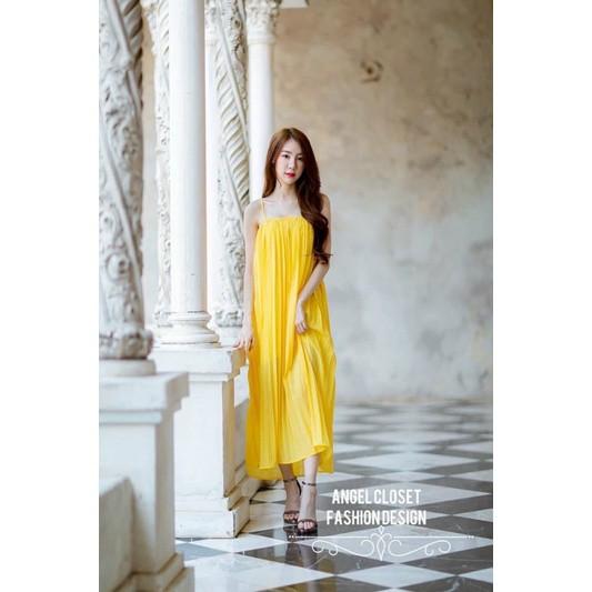 Đầm maxi dập ly hai dây cổ vuông siêu đẹp hình thật