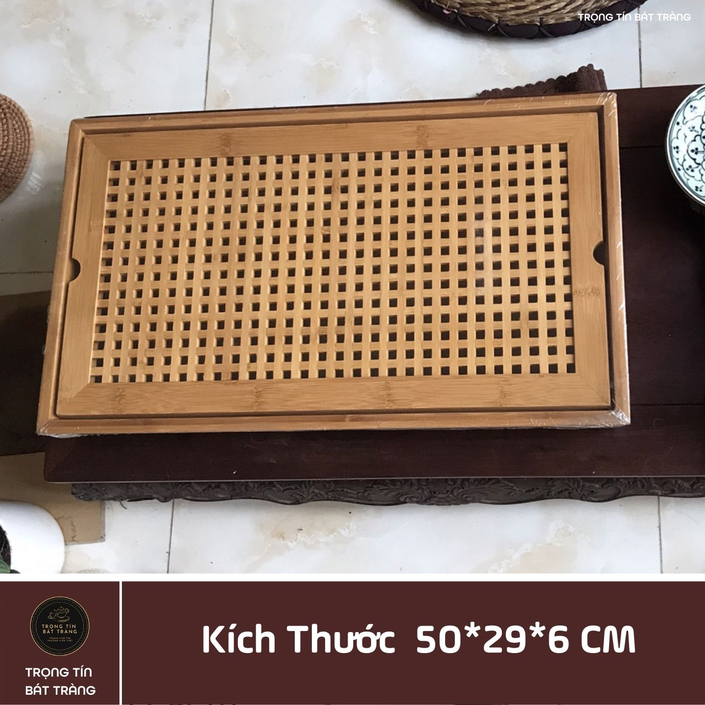 KT 05 Khay Trà Tre Cao Cấp Chữ Nhật Kích Thước 50*29*6