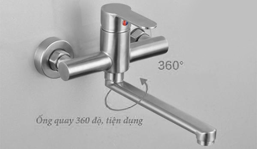 Vòi chậu rửa chén nóng lạnh gắn tường cần cứng Inox 304 Yamato CNI05