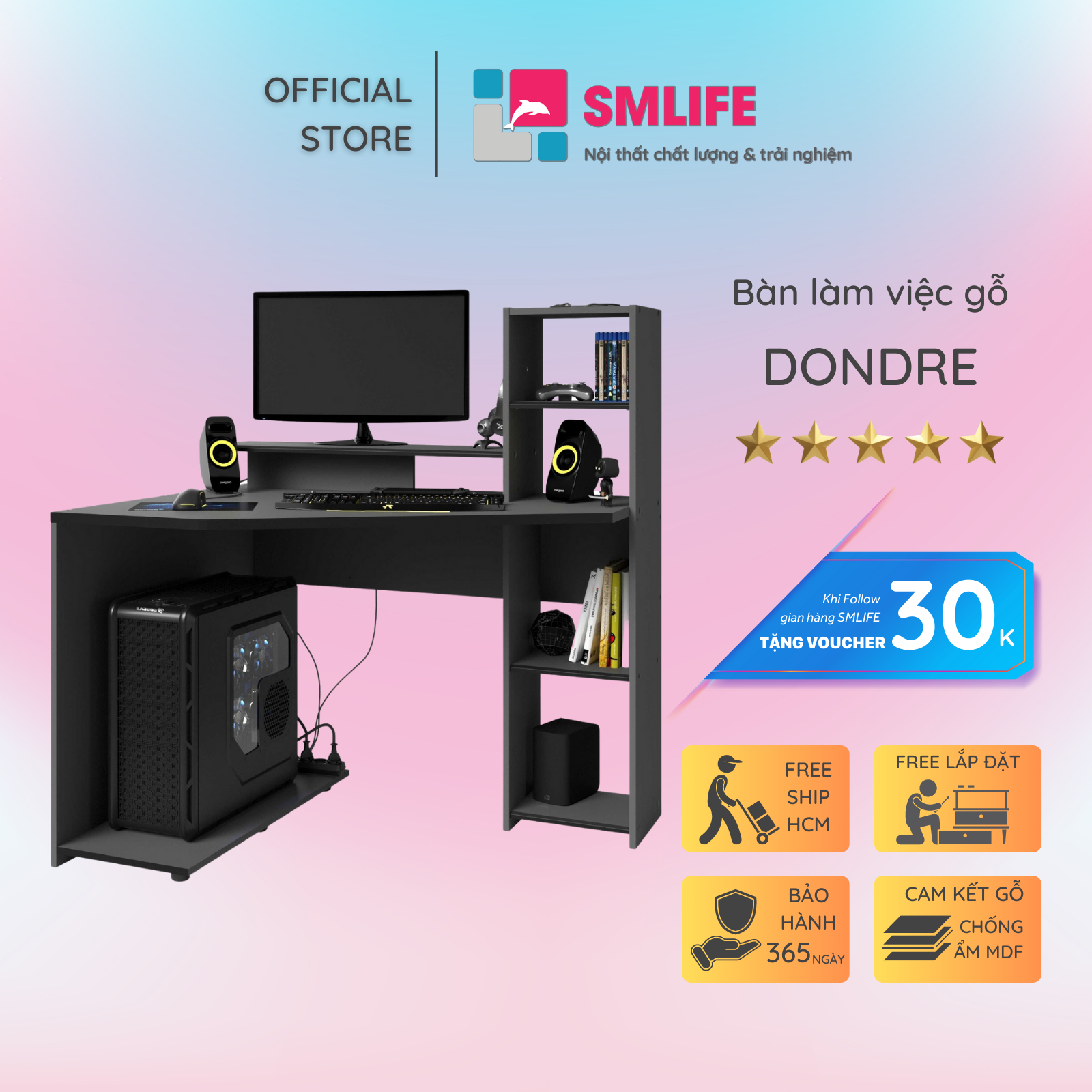 Bàn làm việc, bàn học gỗ hiện đại SMLIFE Dondre | Gỗ MDF dày 17mm chống ẩm | D112xR90xC121cm