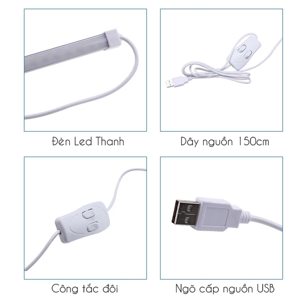 Bộ LED Thanh 35cm 60LED USB Ánh Sáng Kép (3 Chế độ sáng Trắng/ Vàng/ Trung Tính) Ngõ Cấp Nguồn USB Với 2 Công Tắc Đôi Dây Dài 150cm Mai Lee