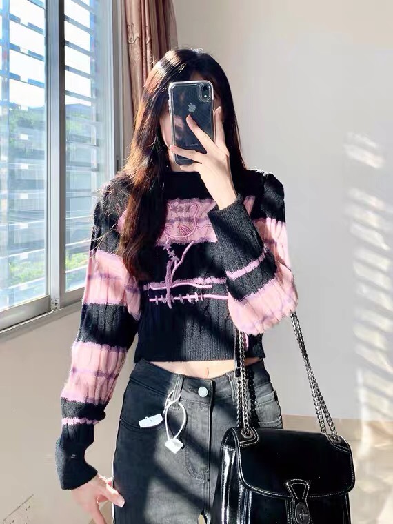 Áo Len Crotop Đen Hồng Cá Tính Thêu Hình Mèo Sweet Cool Wind