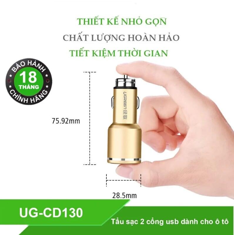 Ugreen UG30514CD130TK 48W màu Vàng Bộ sạc ô tô 2 cổng USB 2.4A + QC 3.0 - HÀNG CHÍNH HÃNG