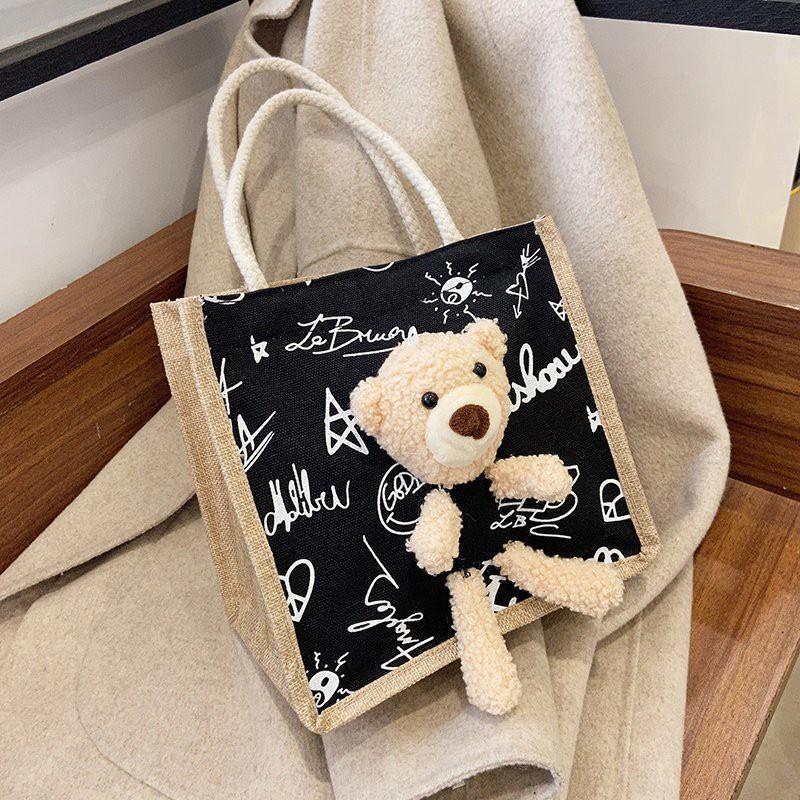 Túi cói vải mini hình gấu teddy siêu xinh, túi xách tote canvas mẫu bear