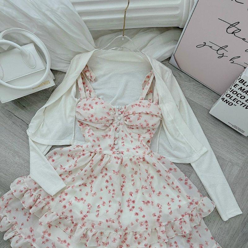 Đầm 2s Hoa nhí xòe nút bọc kèm khoát trắng