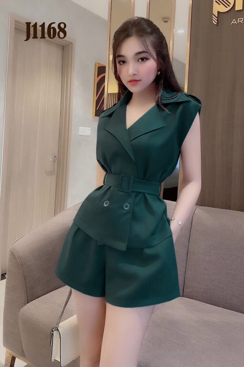 Sét nguyên bộ quần short lưng thun áo cổ vest kèm belt rời