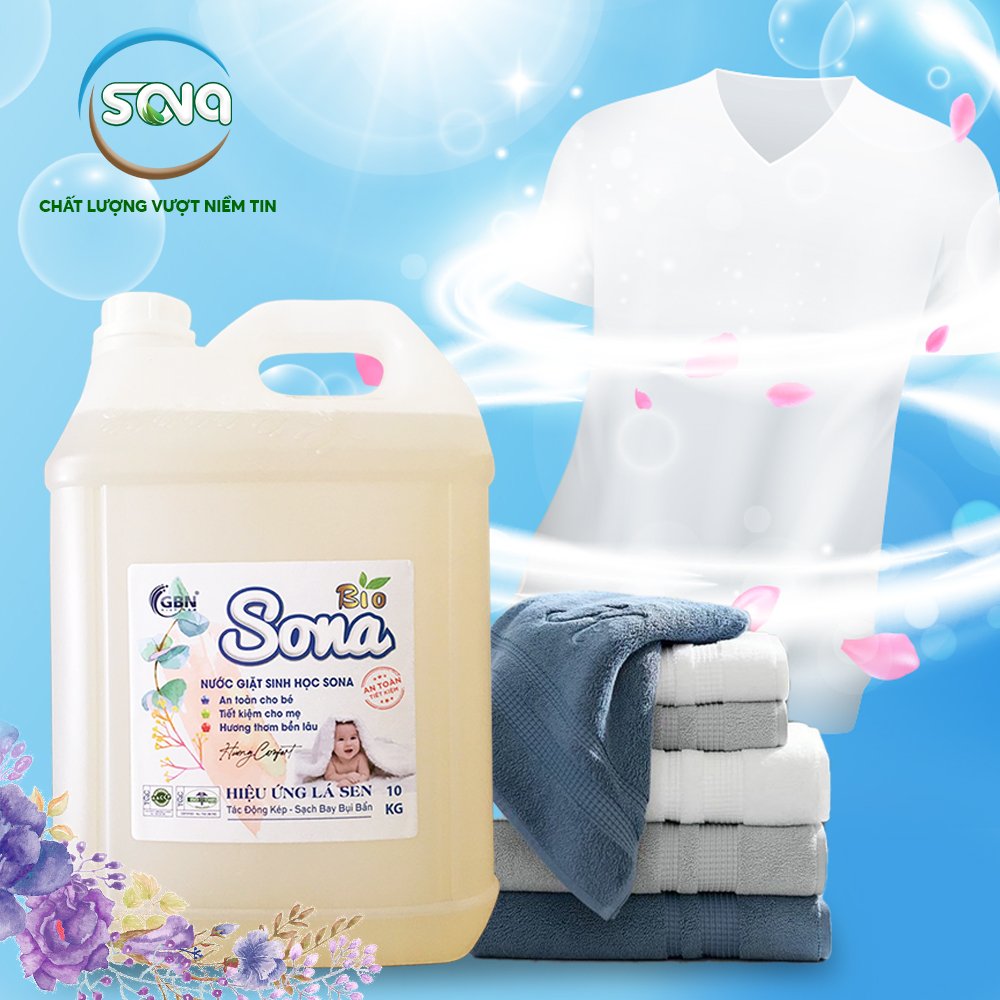 Nước giặt sinh học SONA 10kg giặt xả quần áo 2 trong 1 lưu hương suốt 24h 100% organic