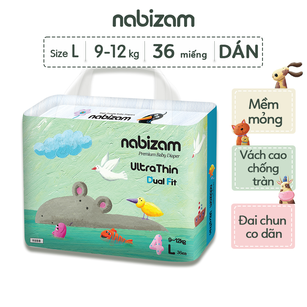 Tã/Bỉm Dán NABIZAM Ultra Thin Mỏng Nhẹ, Thấm Hút, Khô Thoáng Size L Cho Bé 9-12kg, 36 Miếng