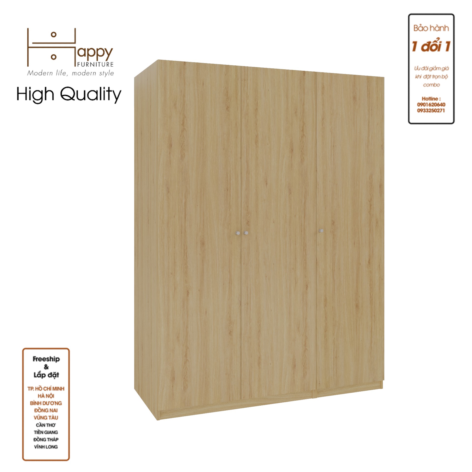 SCANDINA, Tủ quần áo 3 cửa mở 1m5x2m ,150cm x 60cm x 201cm , TCM_089