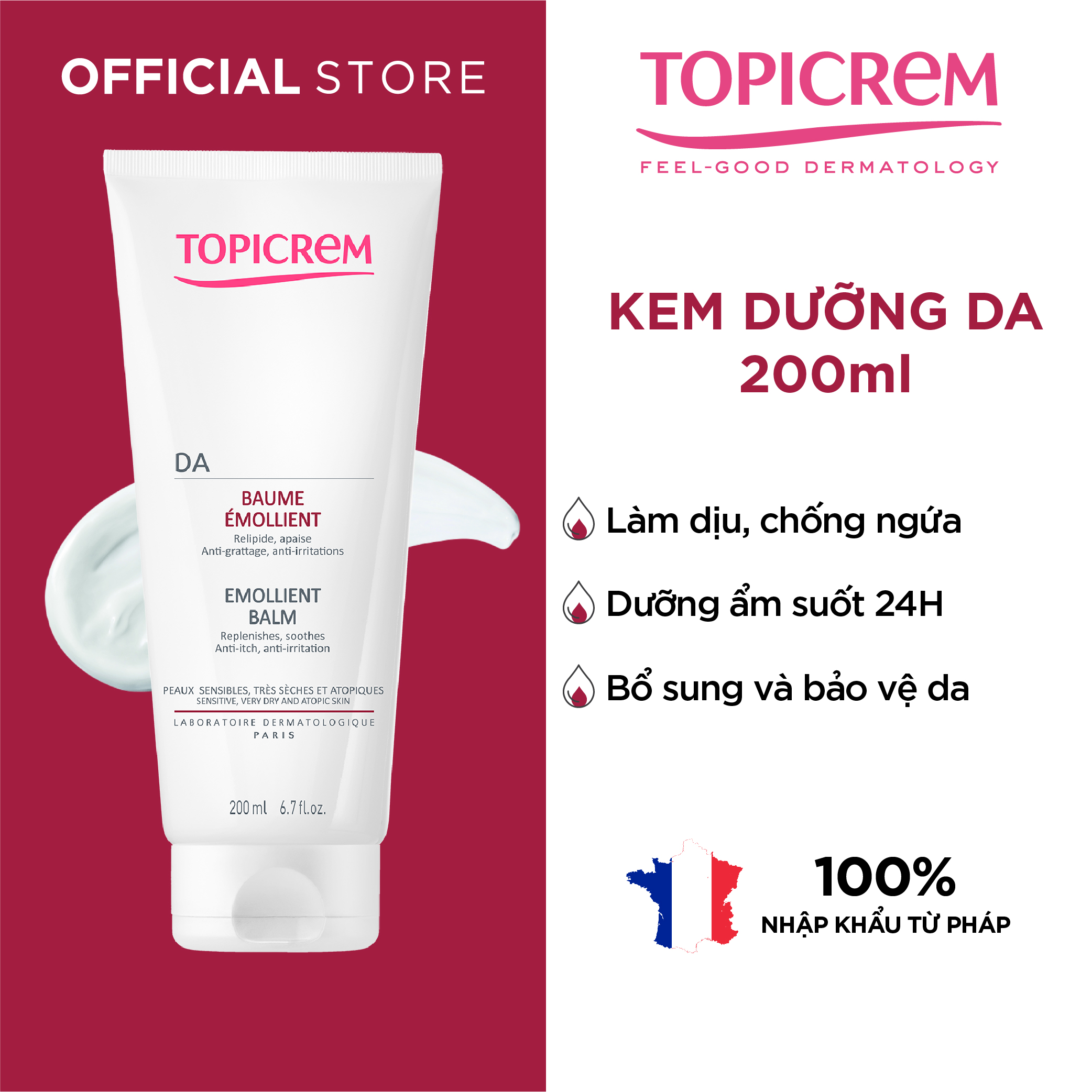 Kem dưỡng giúp làm êm dịu da dành cho da khô và da cơ địa - TOPICREM AD Emollient Balm 200ml