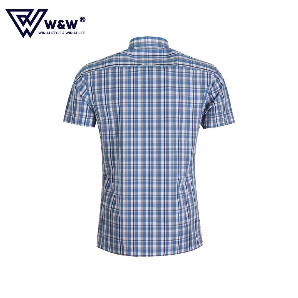 Áo Sơ Mi Nam W&amp;W Dáng Slim Fit Cổ Đức Tay Cộc Hoạ Tiết Kẻ, Chất Liệu Thấm Hút, Mềm Mịn Cao Cấp WSS203