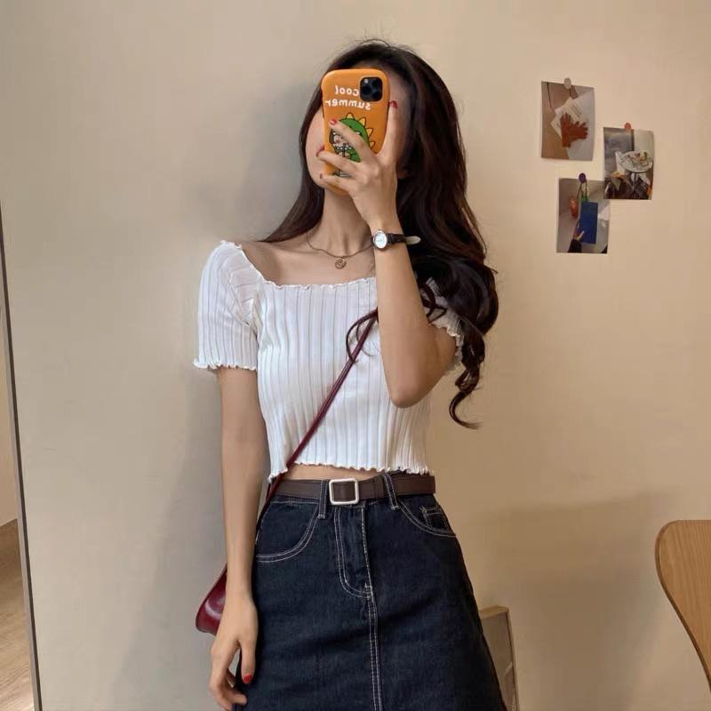 MS235 Áo len cộc tay viền bèo croptop cổ thuyền