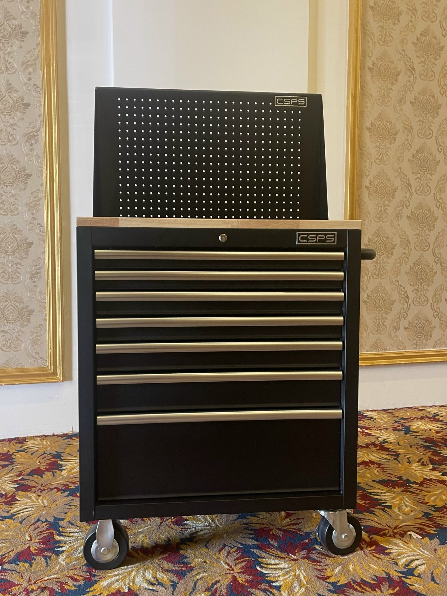 Tủ dụng cụ 7 ngăn kéo , mặt ván gỗ màu đen mờ 76cm kèm vách lưới CSPS