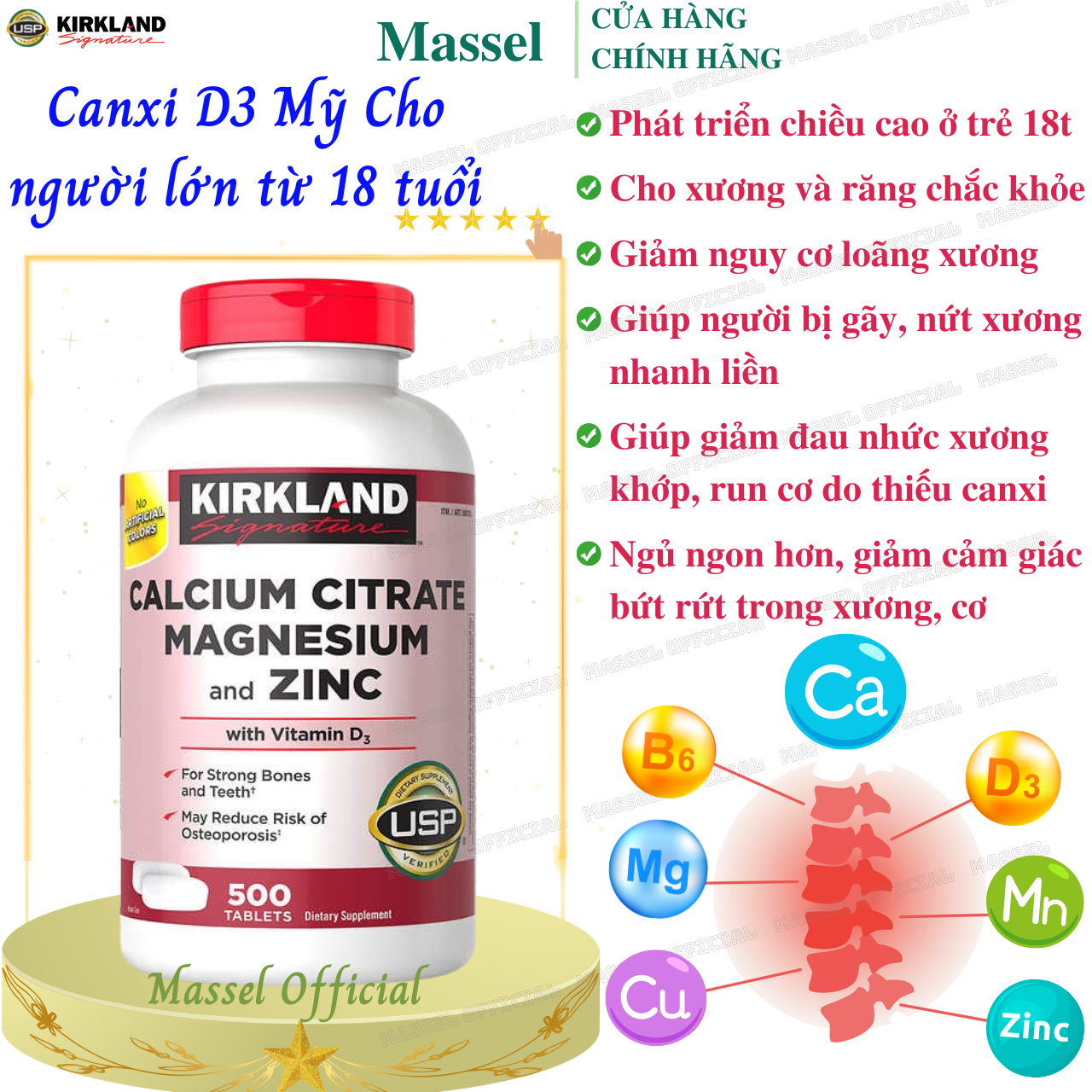 Canxi cho người lớn Kirkland Calcium thêm: Mange, Kẽm, Vitamin B6, D, B6 giúp giảm đau nhức xương khớp, phòng loãng xương, ngủ ngon - Massel Official