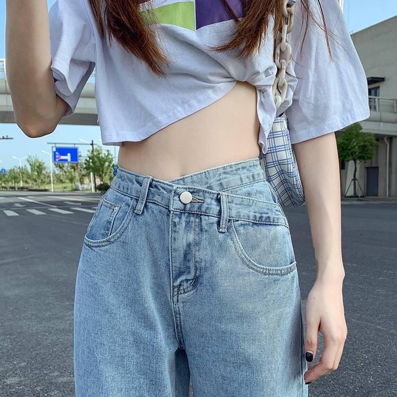 Quần jean nữ lưng cao ống rộng cạp chéo dáng suông CHERRY, quần bò nữ ống đứng ulzzang vải bò dày đẹp không giãn T018