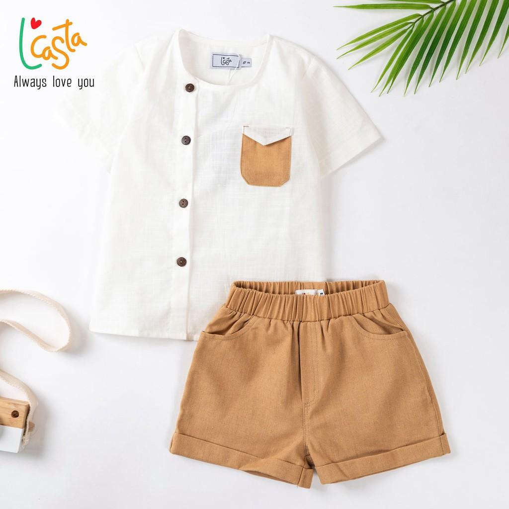 Bộ bé trai áo sơ mi nẹp lệch và quần short linen từ 1 đến 6 tuổi L’Casta