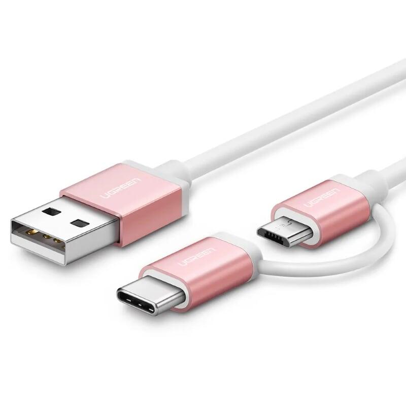 Ugreen UG30543US177TK 1M màu Hồng Cáp USB-A sang Micro USB + USB-C cao cấp - HÀNG CHÍNH HÃNG