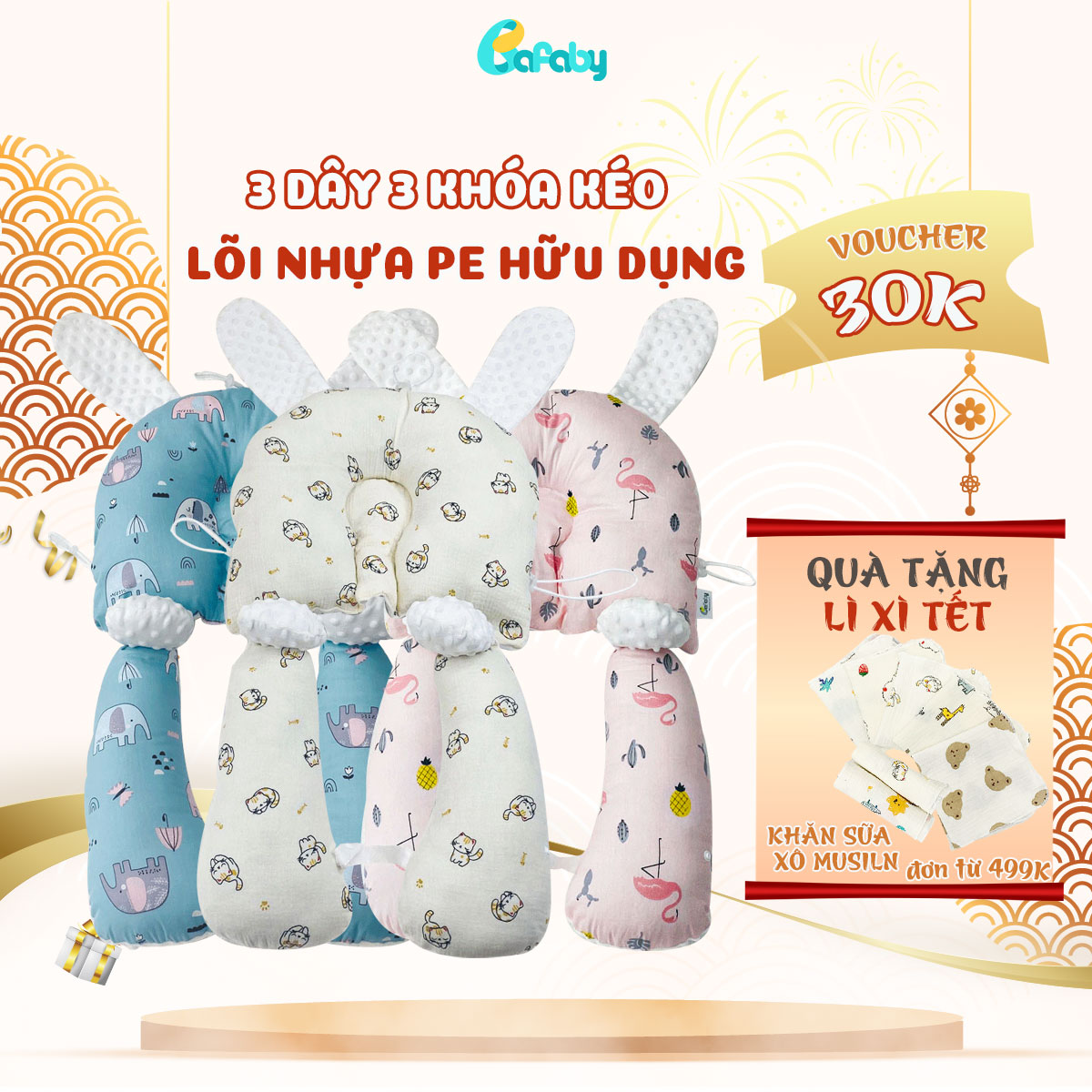 Gối Chữ U Tai Thỏ Cho Bé BAFABY 2 Mặt Vải Gối Chặn Đa Năng Chống Giật Mình Chống Bẹp Đầu - 352