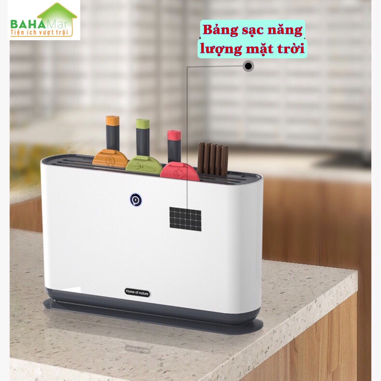 MÁY LÀM KHÔ TIỆT TRÙNG DAO THỚT BẰNG ÁNH SÁNG XANH UV CÓ SẠC NĂNG LƯỢNG MẶT TRỜI "BAHAMAR" Có sạc năng lượng ánh sáng, có hệ thống khử trùng bằng ánh sáng xanh, làm khô bằng không khí