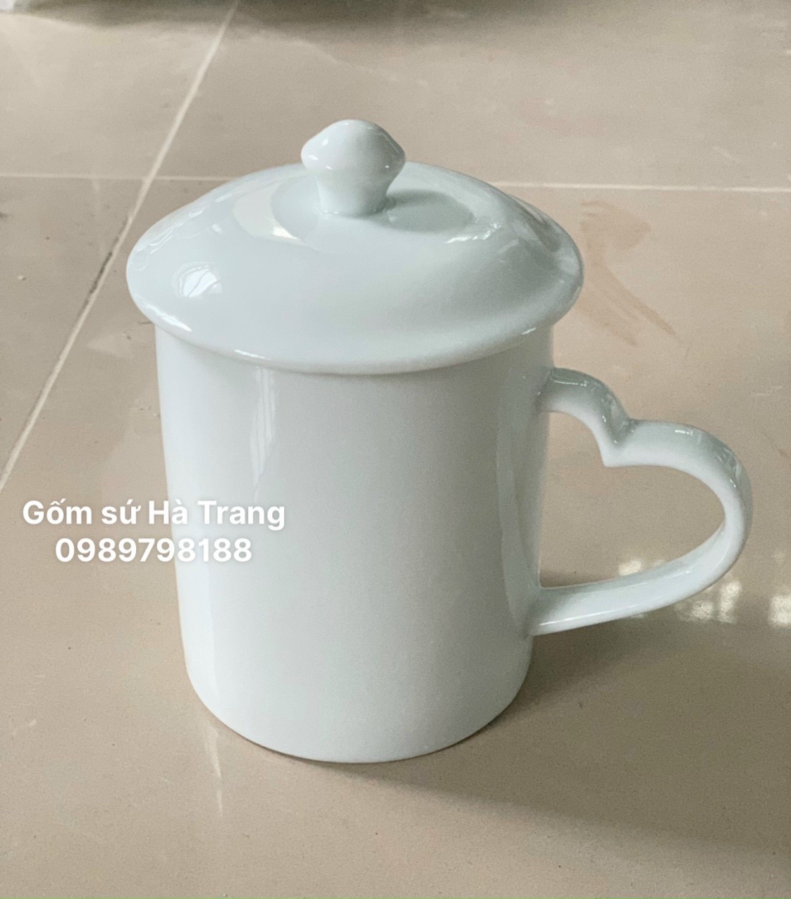 Cốc sứ trắng gốm sứ Bát Tràng cao cấp dung tích 350ml quai tim xinh xắn