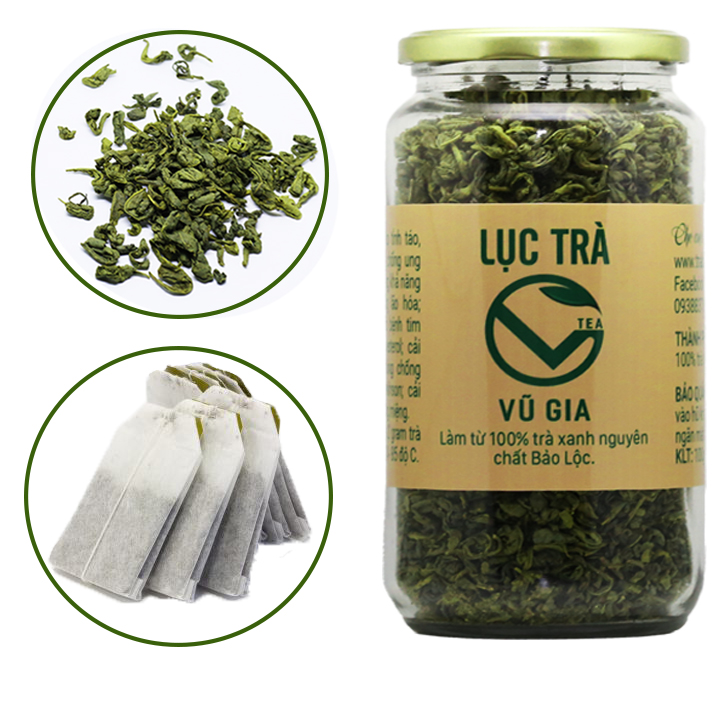 Lục Trà Nguyên Chất Bảo Lộc Vũ Gia [200gr-hũ] + Tặng 5 Túi Lọc Đựng Trà