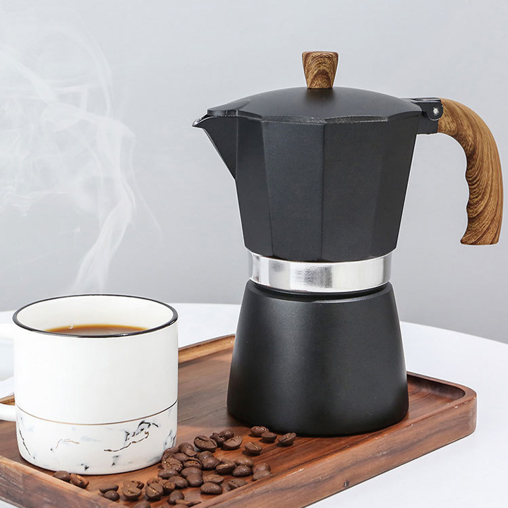 Ấm Cà Phê Moka Espresso 300ml Bằng Nhôm, Ấm Pha Bếp Nấu Nồi Bát Giác Kiểu Ý Phong Cách Châu Âu