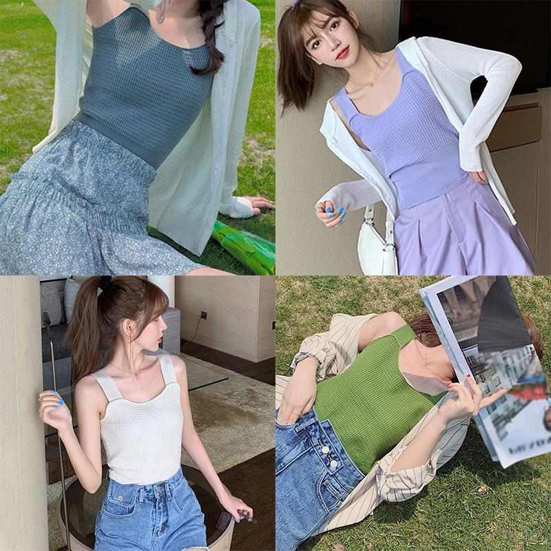 Áo Croptop Dệt Kim Sát Nách Cổ Vuông Màu Trơn Xinh Xắn Cho Nữ