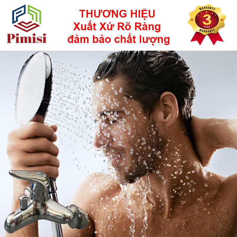 Vòi hoa sen tắm nóng lạnh Pimisi bằng đồng thau, mạ crom-niken sáng bóng dùng trong nhà tắm, điều chỉnh nước bằng gật gù nóng lạnh gắn tường đầy đủ đế cài tay sen - bát sen tắm tăng áp - dây sen mạ inox bóng mềm - chân nối chữ Z | Hàng chính hãng