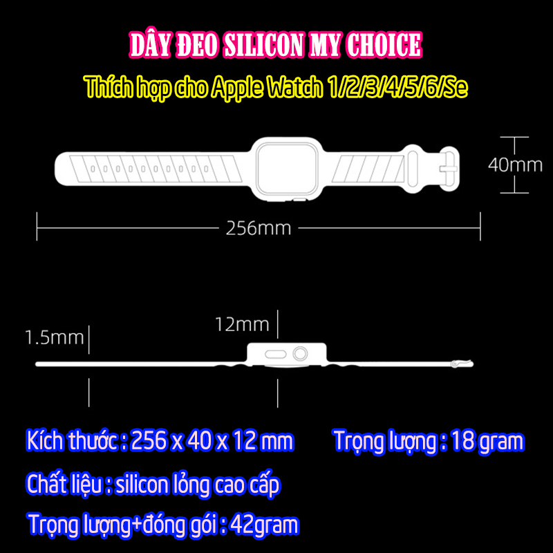 Dây Đeo liền ốp dành cho Apple Watch 7/6/5/4/3/2/1 size 38/40/41/42/44/45mm silicon vân nổi - nhiều màu