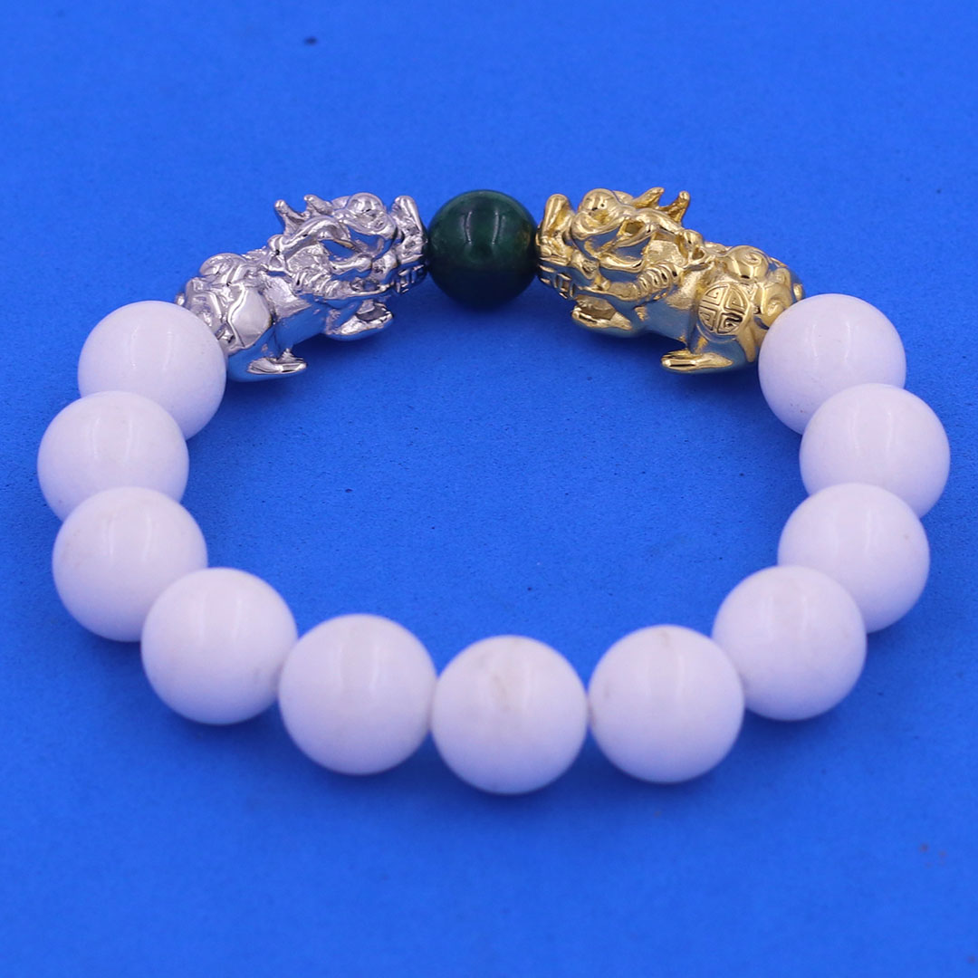 Vòng chuỗi đeo tay san hô trắng 12 ly charm tỳ hưu đôi inox trắng và vàng, vòng chuỗi phong thủy, charm tỳ hưu, vòng tay hạt chuỗi