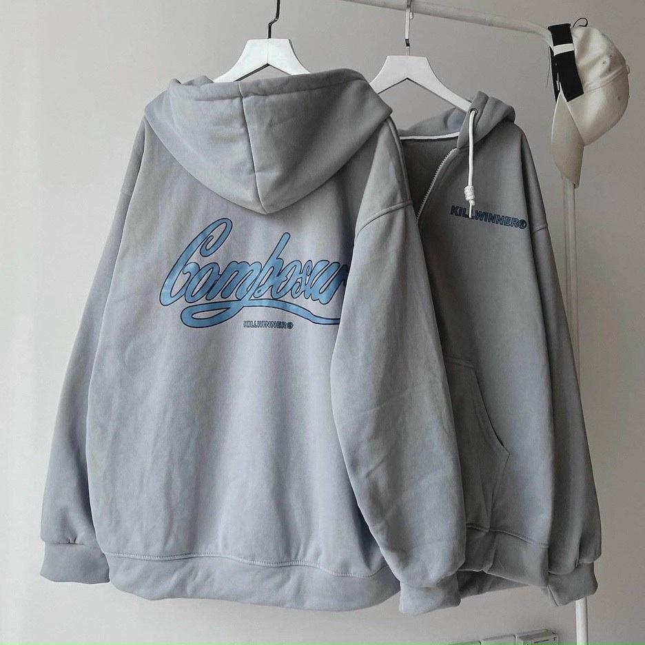 Áo Hoodie Zip, Áo Khoác Nỉ Form Rộng Dài, Nón 2 Lớp in Phối Chữ Độc Đáo