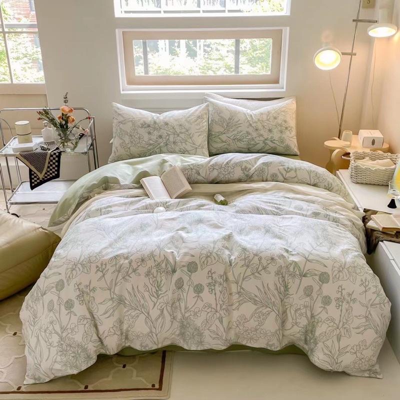 Bộ Chăn Ga Gối Cotton Living Hàng Nhập Khẩu Cao Cấp 4 Món Hoa Xinh Xanh Mát
