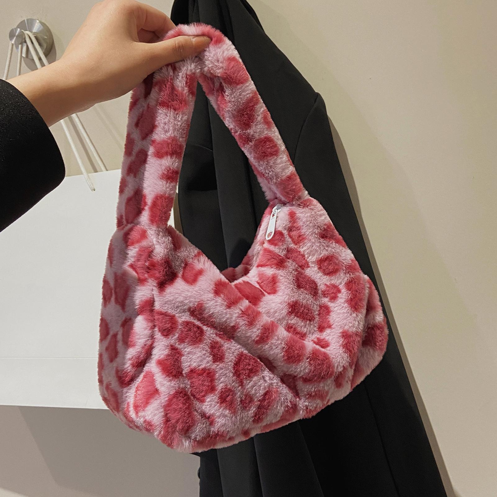 Fashion Plush Shoulder Bag Lady Casual Tote Underarm Bag Lightweight Small Purse Leopard Pattern Handbag for Travel Work