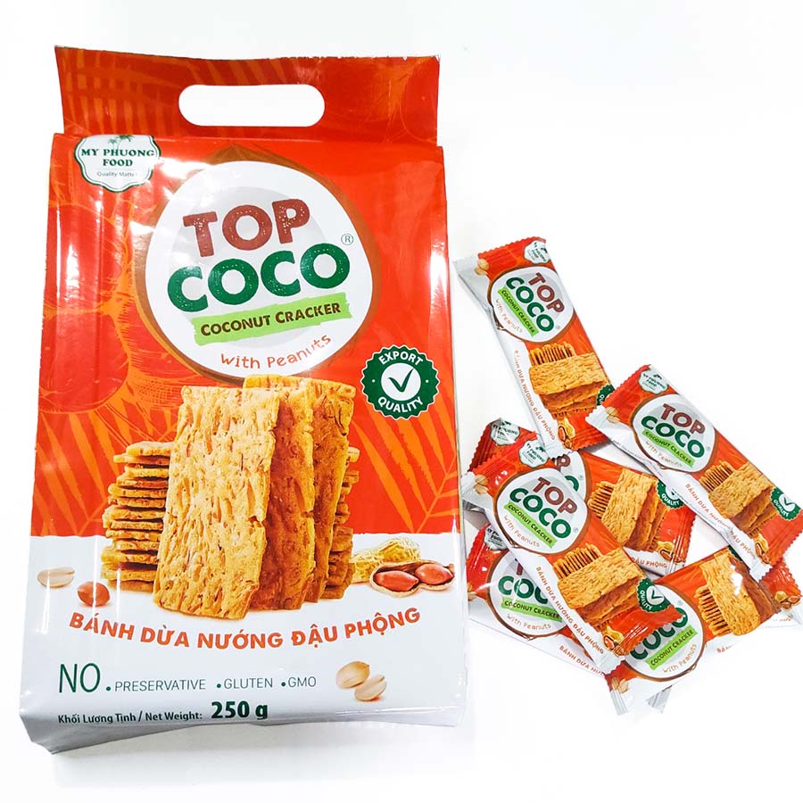 Bánh dừa nướng Topcoco -Túi cực đại Cao cấp 250g - Bánh ăn vặt - Quà biếu sang trọng