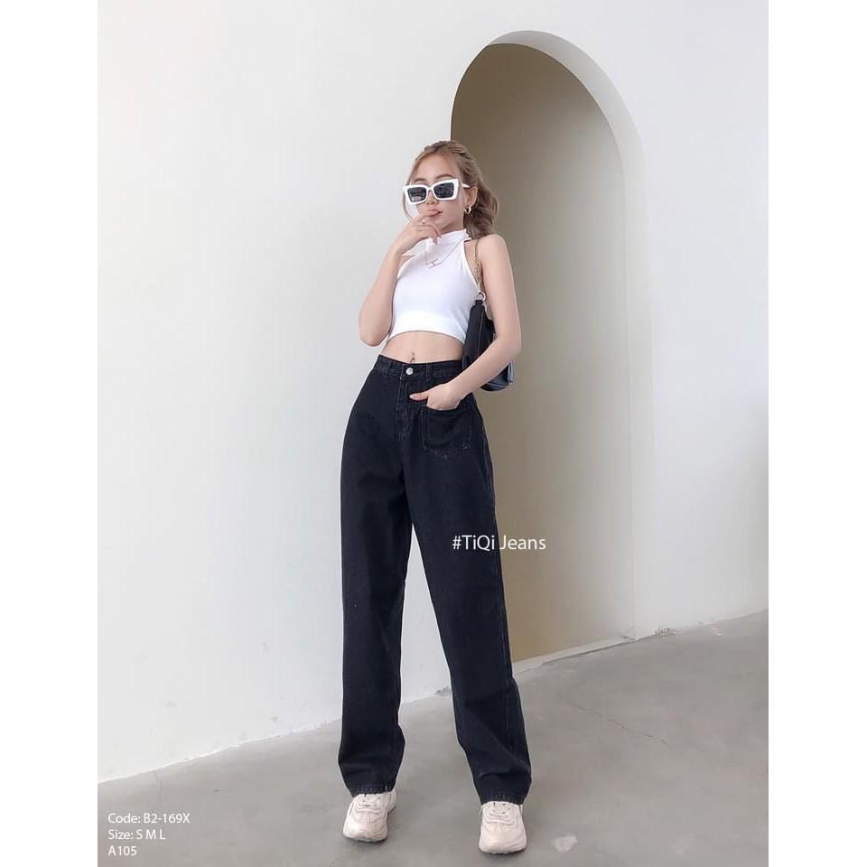 Quần ống rộng nữ vải bò quần jean ống rộng chất đẹp quần bò xuông phong cách thời trang Banamo quần jean túi trước 961
