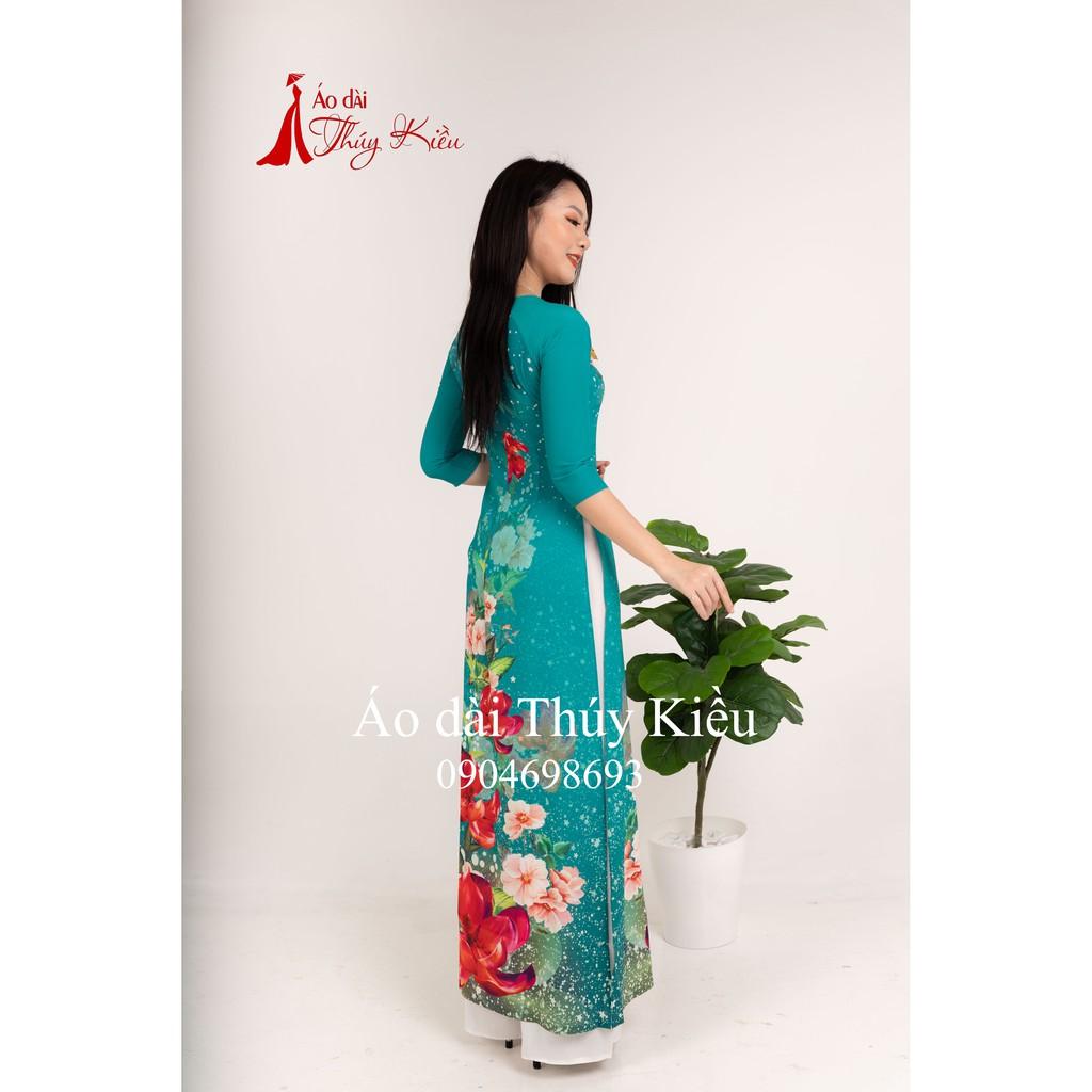 Áo dài in 3D lụa Nhật xanh ngọc hoa đỏ